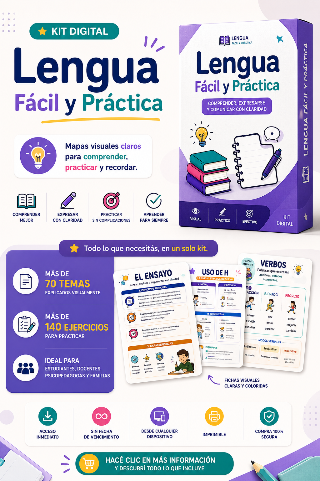 Método Lengua fácil y práctica.Más de 70 temas explicados visualmente + de 140 ejercicios para aprender y comprender lengua paso a paso