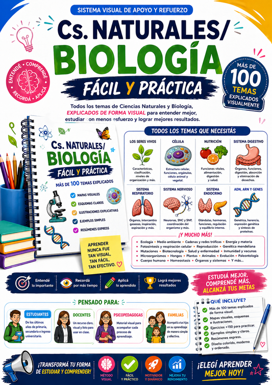 BIOLOGÍA FÁCIL Y PRÁCTICA. MÁS DE 100 TEMAS EXPLICADOS DE FORMA VISUAL MÁS BONO ESPECIAL PARA AFIANZAR CONTENIDOS